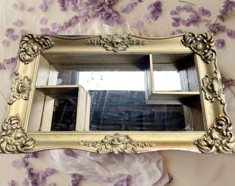 Antique Large ornate gold gesso wood framed mirror shadow box,wall decor,display,shabby chic,29x17,x6unique,elegant