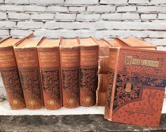Sir Walter Scott Waverly Novels,set of 9,ornate brown with gold gilt,embossed,decorative,1885,antique books,illustrated,Scottish literature