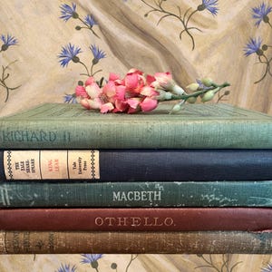 May include: A stack of five antique books with titles including "Richard II", "King Lear", "Macbeth", and "Othello". The books are in various colors, including green, blue, and burgundy, and are topped with a sprig of pink flowers. The background features a floral pattern.