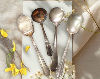 Juego de 4 utensilios para servir pequeños deslustrados, bañados en plata, cuchara, esparcidor de queso, cuchara para azúcar, floral, cocina de granja, pátina, envejecido