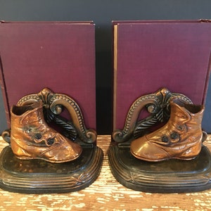 Copper baby shoes,boots bookends,set of 2,blackened,distressed,5&quot; high,bookshelf,mantle,office decor,den,nursery,ornate