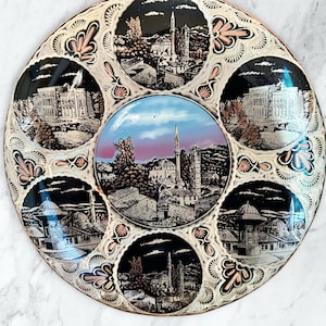 Round copper plate,Sarajevo,souvenir,etched copper dish,embossed copper,11&quot; copper tray,copper wall plate,foil etched tin