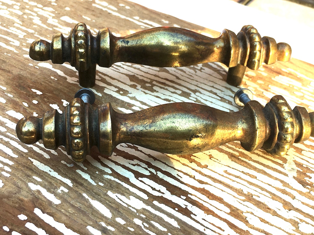 Set of 2 Long Brass Drawer Handles,tarnished Brass Hardware,finials