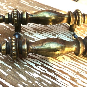 Set of 2 Long brass drawer handles,tarnished brass hardware,finials,cabinet drawer pulls,5&quot; long,brass hardware,KBC,dresser drawer handle