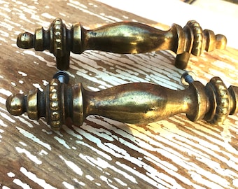 Set of 2 Long brass drawer handles,tarnished brass hardware,finials,cabinet drawer pulls,5&quot; long,brass hardware,KBC,dresser drawer handle