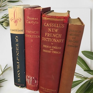 Vintage french books,set of 4,dictionary,literature,early 1900s,red blue book bundle,Cassells,Marie Antoinette,French Revolution,Music