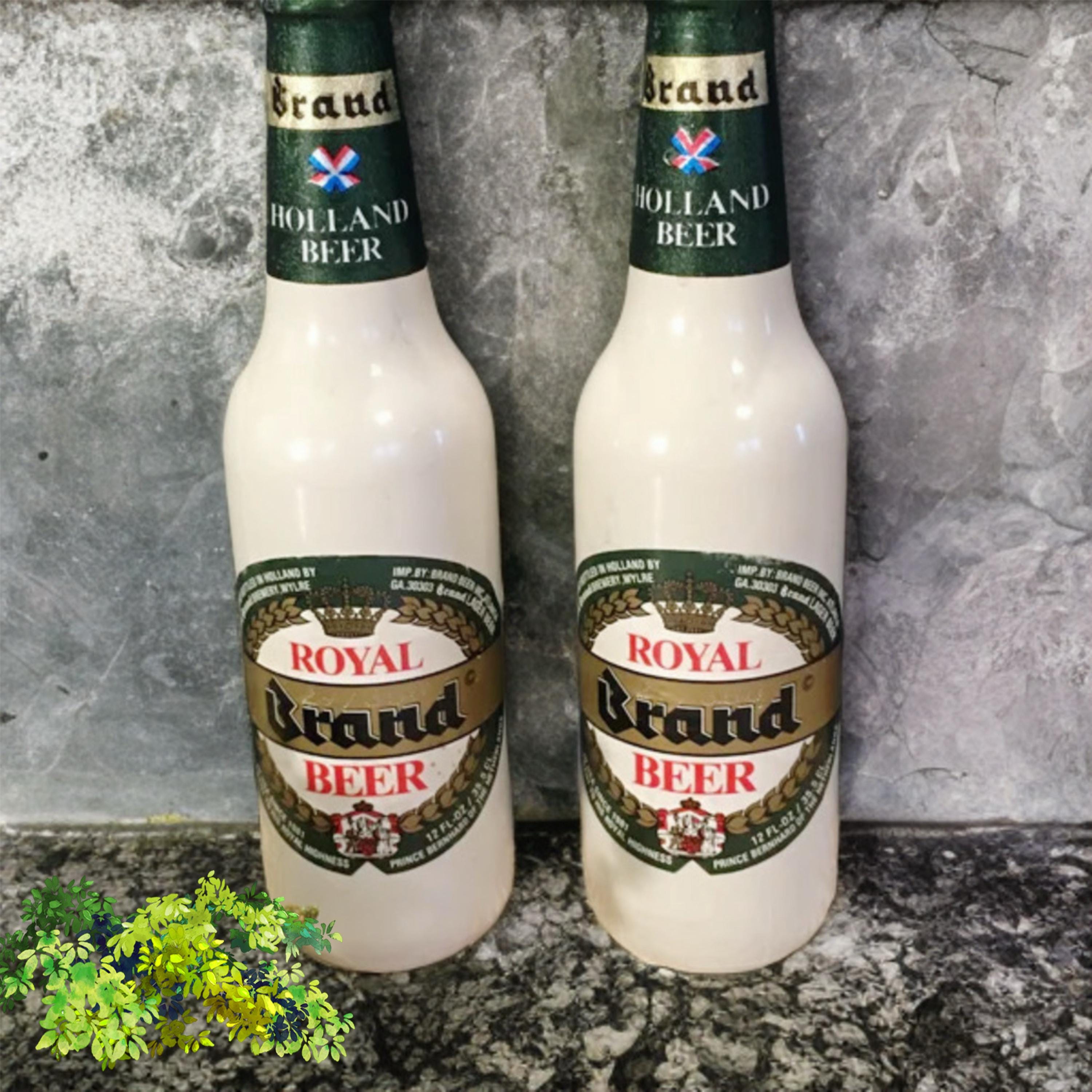 White glass beer bottles jars,set of 2,Royal Brand Beer,Holland Dutch,9" tall,man cave,bar decor,white flower vase,bar cart,