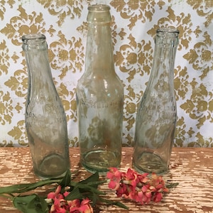Old green glass bottles,set of 3,light green bottles,9&quot;,condiment,catsup,ketchup,beer,funky,beverage,antique liquor bottle,foggy