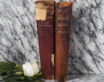 Antique brown leather books,Orations of Cicero,set of 2,written in Latin,roman poetry,latin language,prose,1882 and 1904,tattered,distressed