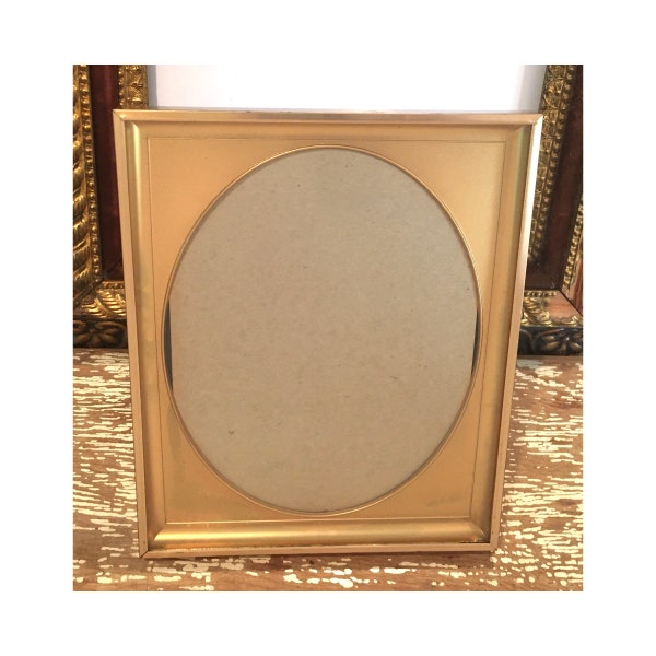 Gold tone brass picture frame with oval mat,holds 9 x 11 or 8 x 10 photo,table top frame,glass front,fancy frame,wall frame,wedding day,