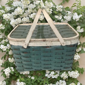 Groen-witte rieten picknickmand met dubbel handvat, 13 x 12 x 7, scharnierend deksel, taarthouder, voedseldrager, bijzettafel, opberger voor tijdschriften, geweven hout