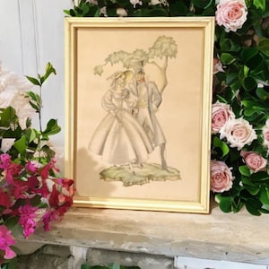 Wood framed fashion print,vicorian,soldier and society lady,bride,elegant,13x10,glass front,man and woman,couple