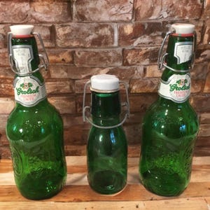 Old kelly green glass beer bottles,international beer bottle,set of 3,Grolisch, dutch beer,decorative original label, 11&quot; tall,flip top