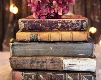 Antique brown leather bound books,distressed,marble coverworn,set of 5,late 1800s,Bruxelles Rigole,french,Italian Drame,Scribners,US History