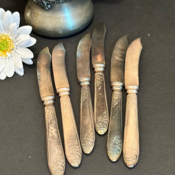 Tarnished Set of 6 Small silverplate bar fruit knives,J Wiss Sons,floral,small silver knives,bar knife,cheese knives,fancy,ornate 6"