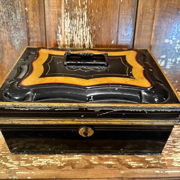 Black metal tin box,curved lid,cash register,gold red trim,10x7x5,distressed,chipped paint,general store,country decor,no key,documents