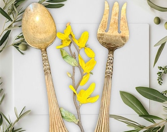 Utensilios para servir con mango largo deslustrado, plateado, cuchara, tenedor para carne, elegante, floral, cocina de granja, utensilios, juego de 2, Oneida Floral Queen