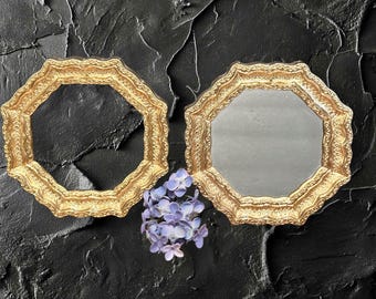 Gold vergoldeter Wandspiegel,Set von 2,verzierter Spiegel,Oktagon,Holz,Holz,Galerie,Galerie,Burwood geformt,Mitte des Jahrhunderts,MCM