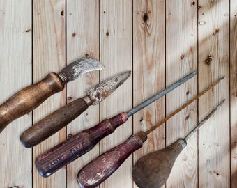 Vintage wood handle tools,set of 5,old tools,siding tool,screwdriver,drill bit,ice pick,home improvement tools,workshop,rusty