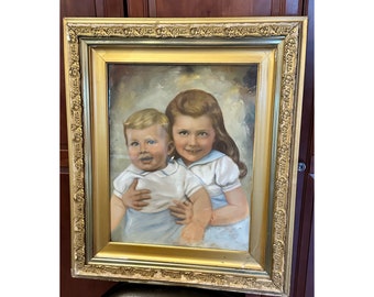 Large ornate gold gilt wood framed children portrait,28x24,victorian,wall decor,glass front,elegant frame,unique,distressed,baroque,gallery