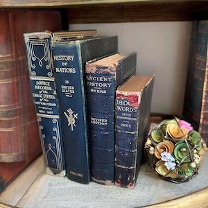 Puede incluir: Un estante con una colecci&oacute;n de libros antiguos, incluyendo "Historia de las Naciones", "23 Estados Unidos", "Historia Antigua" y "1800 Palabras a menudo mal pronunciadas". Los libros est&aacute;n encuadernados en cuero negro con letras doradas. Un peque&ntilde;o nido de p&aacute;jaro decorativo est&aacute; en el estante.
