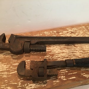 Forged Steel monkey wrench,set of 2,adjustable wood handle tool,Stillson 10&quot;,Craftsman 14&quot;,old tools,antique pipe wrench,workshop tools