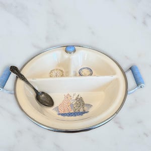 Plato para calentar bebés vintage Excello con cuchara plateada, George H Rogers, regalo para baby shower, utensilios para platos de bebé, mango azul, Humpty Dumpty