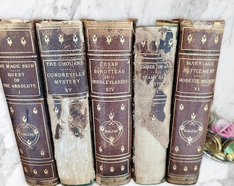 Libros antiguos de cuero marrón, dorado, Obras de Honore de Balzac, 1901, juego de 5, desgastados, desgastados, adornados, tableros de mármol, Edición universitaria