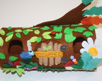 Felt stump house for pretend play with toy