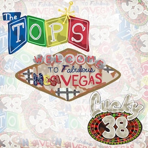 May include: A collage of vintage-style Vegas-themed signs. The signs include "The Tops," "Welcome to Fabulous Vegas," and "Lucky 38." The signs are in various colors, including blue, green, red, and yellow, with a textured background.