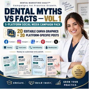 Può includere: Un pacchetto di marketing digitale intitolato Dental Myths vs Facts Vol. 1, contenente 20 grafiche Canva modificabili e 20 post per Facebook, Instagram, Google, Pinterest e X. Il design include icone per cure dentali, schede informative e un professionista in camice bianco.