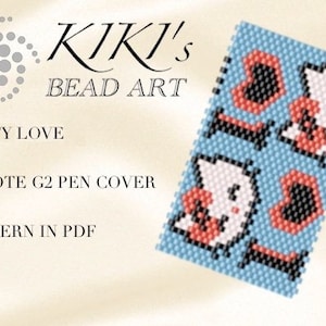May include: A beading pattern for a pen cover featuring a cute kitty design with red hearts. The pattern is called "Kitty Love" and is a peyote stitch G2 pen cover. The pattern is available in PDF format.  The pattern is by Kiki's Bead Art.