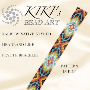 Pode incluir: Um padrão de pulseira de contas em formato PDF. O padrão é para uma pulseira de peyote estreita de estilo nativo, semelhante a uma faixa de cabeça. A pulseira é feita com contas coloridas em tons de vermelho, laranja, amarelo, azul, turquesa e preto. O padrão é mostrado em um fundo branco.