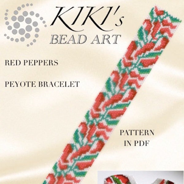 Peyote Pattern for bracelet - Red peppers, chilli peppers peyote beaded bracelet cuff PDF pattern