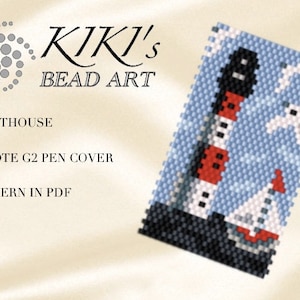 May include: A beading pattern for a lighthouse pen cover. The pattern is in PDF format and is for peyote stitch, size G2 beads. The pattern features a red and white lighthouse with a sailboat in front of it.