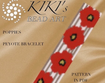 Patrón, pulsera de peyote - Patrón de pulsera de peyote florido Amapolas en PDF - descarga instantánea