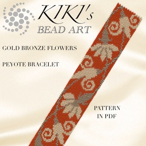 Peyote pattern for bracelet - Gold bronze flowers peyote bracelet cuff pattern PDF instant download