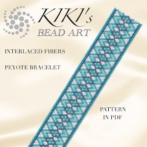 Può includere: Un modello di braccialetto a punto peyote in turchese, bianco e blu, intitolato "Interlaced Fibers" e "KIKI's Bead Art". Il modello è disponibile per il download in PDF.