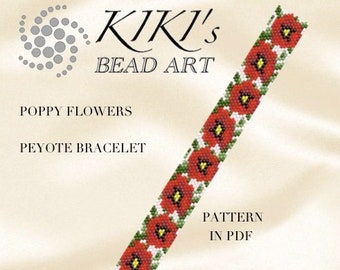 Patrón de pulsera de peyote Patrón de pulsera de peyote con flores de amapola Patrón de brazalete de peyote en PDF Descarga instantánea