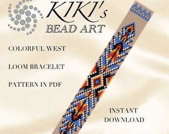 May include: Colourful West loom bracelet beading pattern in PDF format. The pattern features a geometric design with blue, orange, black and white beads. Instant download.