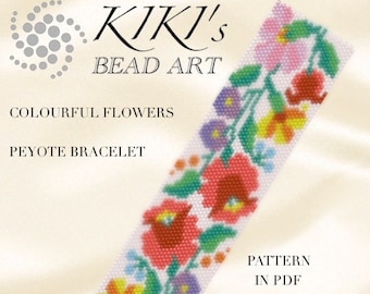 Puede incluir: Patrón de pulsera de cuentas de flores de colores en formato PDF. La pulsera presenta cuentas rojas, rosas, amarillas, verdes y moradas.