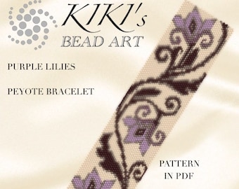 Peyote pattern for bracelet - Purple lilies peyote bracelet cuff pattern PDF instant download