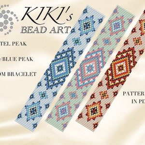 Könnte beinhalten: Drei Webband-Muster im PDF-Format. Die Muster zeigen geometrische Designs in Pastellblau, Grün und Rot. Die Muster sind mit "Pastel Peak", "Red/Blue Peak" und "Loom Bracelet" betitelt.
