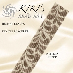 May include: A beaded bracelet pattern featuring a leaf design in brown and white. The pattern is called "Bronze Leaves" and is a peyote stitch bracelet. The text "PATTERN IN PDF" is also included in the image.