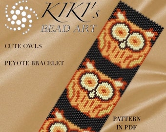 Pattern, peyote bracelet - Owls peyote beaded cuff bracelet pattern PDF instant download