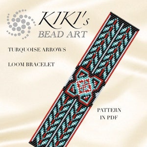 May include: Turquoise Arrows Loom Bracelet beading pattern in PDF format. The pattern features a geometric design with turquoise, red, white, and black beads.