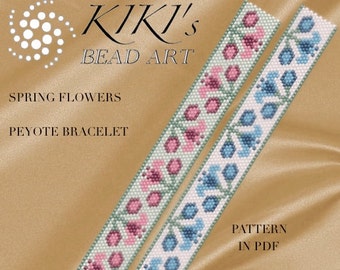 Peyote Pattern for bracelet - Pink spring flowers peyote bracelet pattern PDF instant download