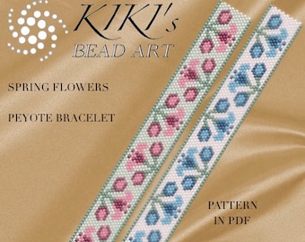 Patrón de peyote para pulsera - Patrón de pulsera de peyote de flores de primavera rosa PDF descarga instantánea