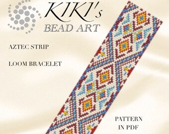 May include: A loom bracelet pattern featuring an Aztec strip design with red, white, blue, yellow, and orange beads. The pattern is available as a PDF download. "KIKI's Bead Art" is written at the top of the image.