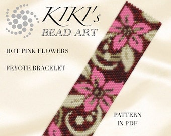 Pattern, peyote bracelet - Hot pink flowers peyote bracelet pattern in PDF - instant download